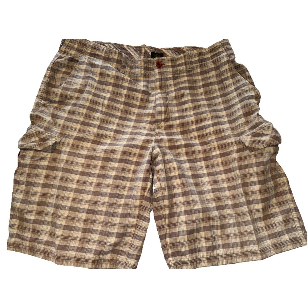 Timberland Button Shorts 38 Plaid Brown Beige Casual Cotton Mens